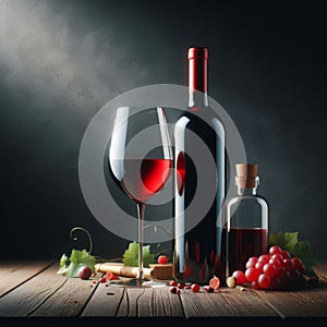 Elegant wine setup with a filled glass, bottles, grapes, and corkscrew on a rustic wooden table against a dark backdrop.