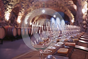 Elegant wine tasting event in a rustic cellar with barrel rows
