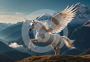 Elegant Winged Unicorn Rearing up in Snowy Mountains