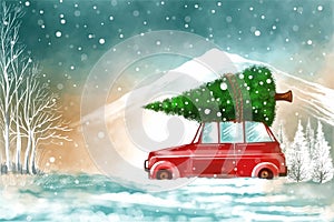 Elegant winter landscape with car in snowy christmas tree background