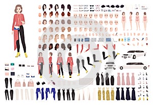 Elegant woman animation kit or DIY set. Collection of body parts, gestures, stylish clothes and accessories. Female