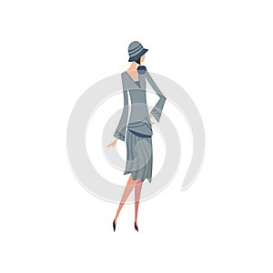 Elegant Woman in Blue Retro Dress and Hat, Beautiful Girl of 1920s, Art Deco Style Vector Illustration