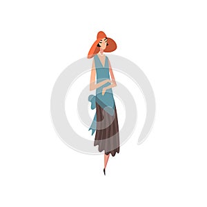 Elegant Woman in Blue Retro Dress and Red Hat, Beautiful Girl of 1920s, Art Deco Style Vector Illustration