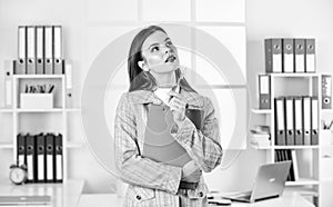 elegant woman with document folder. thinking office worker. formal fashion style. stylish woman work at workplace. girl