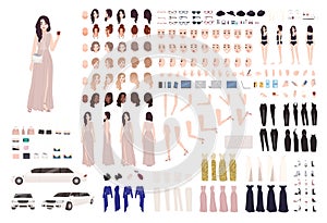 Elegant woman dressed evening prom clothing creation set or DIY kit. Collection of body parts, facial expressions