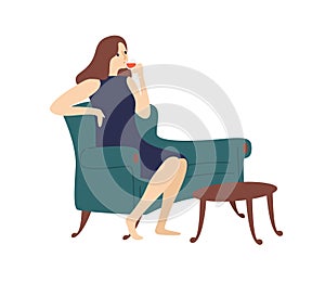 Elegant woman drinking wine sitting on couch vector flat illustration. Joyful female relaxing at home with bocal of photo