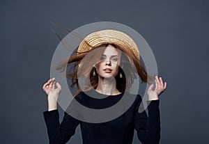 elegant woman with hat hair luxury glamor black dress close-up