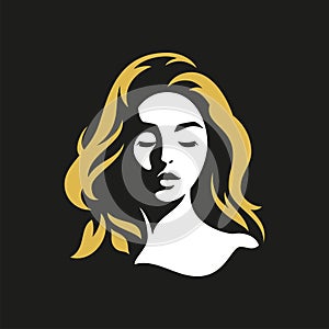 Elegant woman head with long golden hair face skin care beauty logo for cosmetologist vector flat
