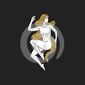 Elegant woman naked body lying long blonde hair top view outline logo vector illustration