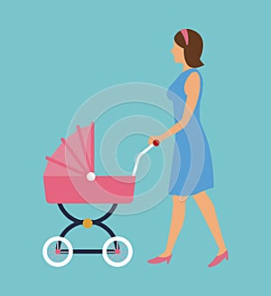 Elegant woman with pink carriage baby walking