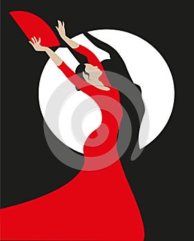 Elegant woman in a red dress and a fan dancing flamenco.