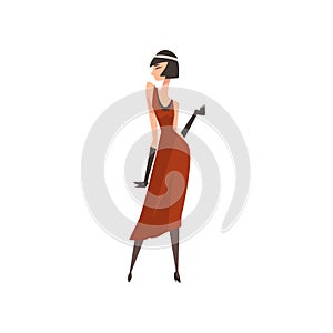 Elegant Woman in Red Retro Dress, Beautiful Flapper Girl of 1920s, Art Deco Style Vector Illustration