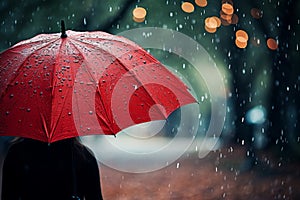 Elegant woman with red umbrella in rainy weather, perfect for showcasing text or design elements