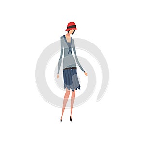 Elegant Woman in Retro Dress and Hat, Beautiful Girl of 1920s, Art Deco Style Vector Illustration