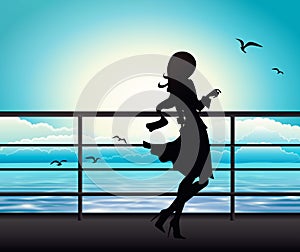 Elegant woman silhouette on a ferry boat