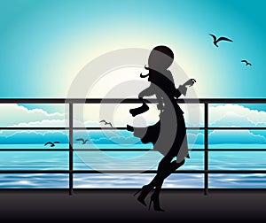 Elegant woman silhouette on a ferry boat photo