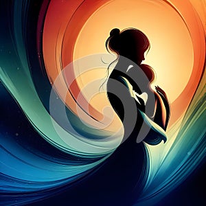 Elegant woman silhouette hugging her child behind the colors.