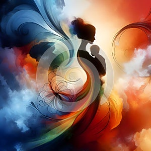 Elegant woman silhouette hugging her child behind the colors.