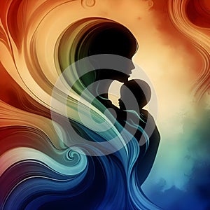 Elegant woman silhouette hugging her child behind the colors.