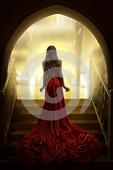 Elegant Woman Silhouette in Long Red Gown, Lady Back Rear View