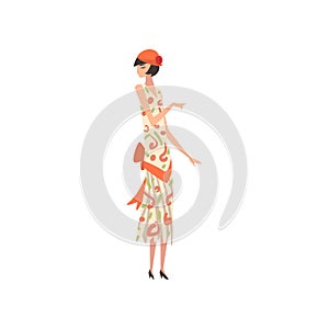 Elegant Woman in Summer Retro Dress and Hat, Beautiful Girl of 1920s, Art Deco Style Vector Illustration