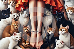 Elegant woman surrounded by array of cats