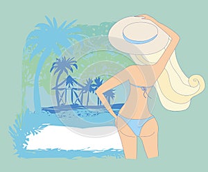 Elegant woman on tropical vacation, card with space for your text