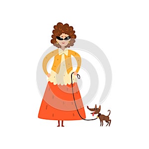 Elegant woman walking with her small pet dog vector Illustration on a white background