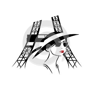 Elegant woman wearing sunglasses and hat by eiffel tower - fashion in Paris vector portrait