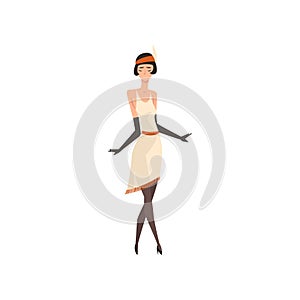 Elegant Woman in White Retro Dress, Black Stockings and Gloves, Beautiful Flapper Girl of 1920s, Art Deco Style Vector