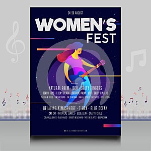 Elegant women`s fest electronic music festival flyer in creative style with modern sound wave shape design