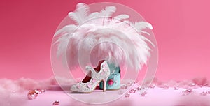 elegant women's pink shoes with fur in a pink interior.