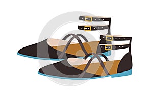 Elegant women's sandals with closed pointed toe, counter and buckled ankle straps. Summer fashion strappy footwear or