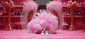 elegant women's shoes with fur in a pink dressing room interior.