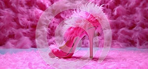 elegant women's shoes with fur in a pink dressing room interior.