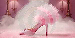 elegant women's shoes with fur in a pink dressing room interior.