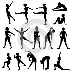 Elegant women silhouettes doing fitness exercises. Fitness club