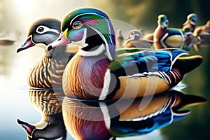 Elegant Wood Ducks Colorful Plumage Male Swimming Marsh Waterfowl Springtime Morning Sunrise AI Generated