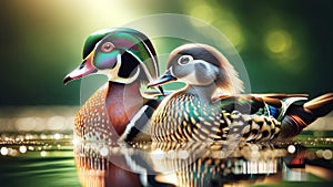 Elegant Wood Ducks Colorful Plumage Male Swimming Marsh Waterfowl Springtime Morning Sunrise AI Generated