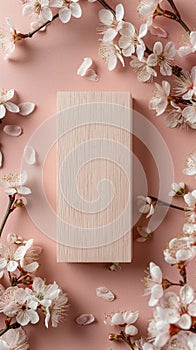 Elegant Wooden Box on Pastel Pink Background with Delicate White Flowers for a Sophisticated Minimalist Aesthetic Ideal for Gifts
