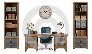Elegant wooden desk with chair and bookcases, adorned with decorative items, against a white backdrop photo