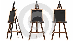 An elegant wooden easel stands set isolated on a white background. A modern realistic image of a black and brown wooden