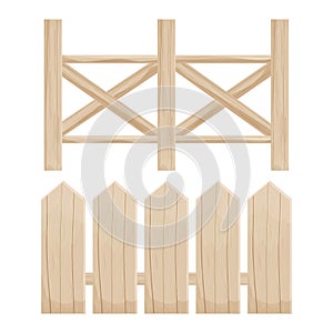 Elegant wooden fence in light colours, set isolated on white background stock vector illustration. Wood texture, detailed objects