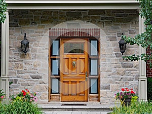 Elegant wooden front door with lion knocker