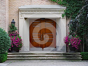 Elegant wooden front door and portico entrance