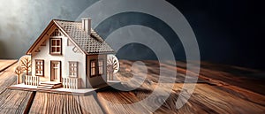 Elegant Wooden House Model on Textured Planks: Ideal Banner for Real Estate Websites, Mortgage Services, and Home