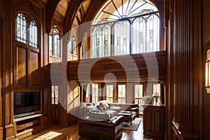 Elegant wooden interior of a classic library with tall windows, cozy seating area, and warm natural light