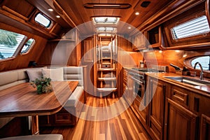 elegant wooden sailboat interior with polished finishes
