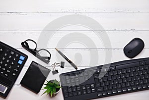 Elegant workspace with business accessories on white background