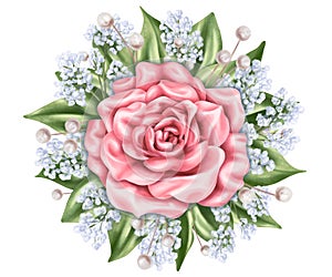 Elegant wreath in a round frame of pink rose, leaves, gypsophila and green rose in watercolor style. Digital illustration on white